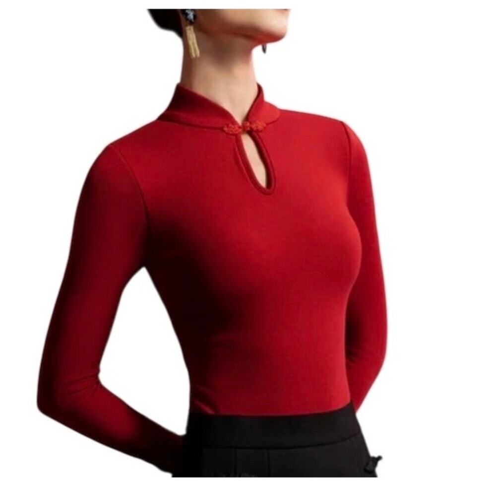 NWT OGL MaxWarm Standout Mandarin Collar Frog Button Shirt Top Red Bra XS 0 2